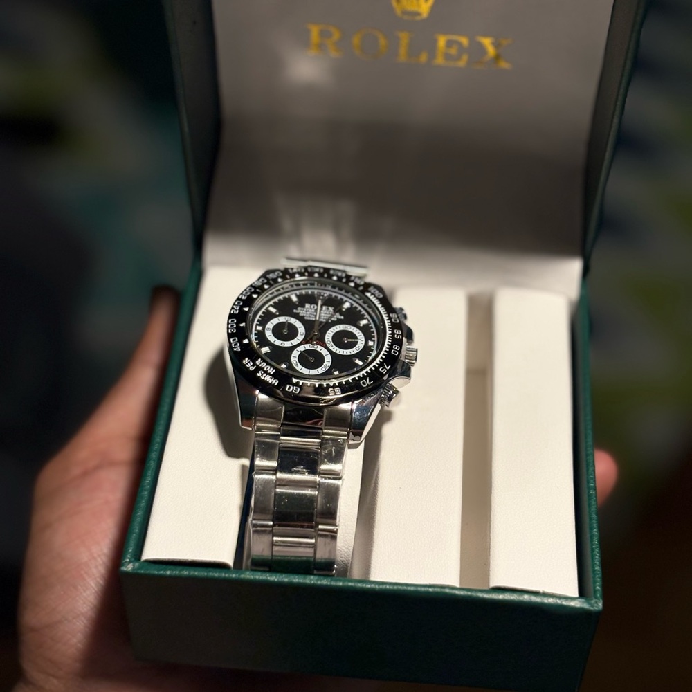 Rolex Silver and Black Men's Chronograph Watch